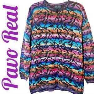 PAVO REAL Vintage 80s/90s Handknit Colorful Peruvian 100% Alpaca Sweater, Large
